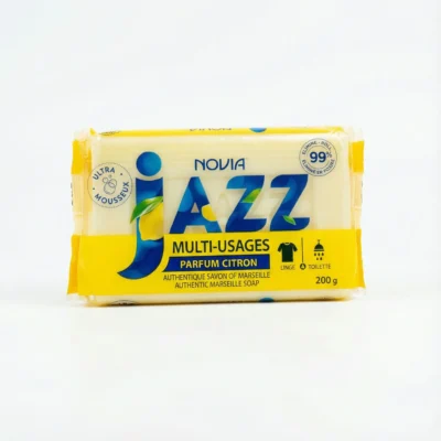 Vue de face du SAVON JAZZ MULTI-USAGE AU CITRON 200G dans son emballage plastique rectangulaire jaune et bleu.