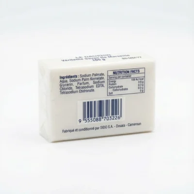 Vue arrière du SAVON LE DAUPHIN CLASSIQUE 100G, un pain rectangulaire blanc emballé avec ses ingrédients et son code-barres.