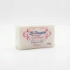 Vue de face du SAVON LE DAUPHIN CLASSIQUE 100G, un pain blanc sous film plastique avec un lettrage rose et bleu.