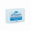 Vue de face du SAVON LE DAUPHIN CLASSIQUE 175G, pain translucide rectangulaire avec son étiquette et logo dauphin bleus.
