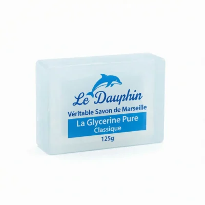 Vue de face du SAVON LE DAUPHIN CLASSIQUE 175G, pain translucide rectangulaire avec son étiquette et logo dauphin bleus.