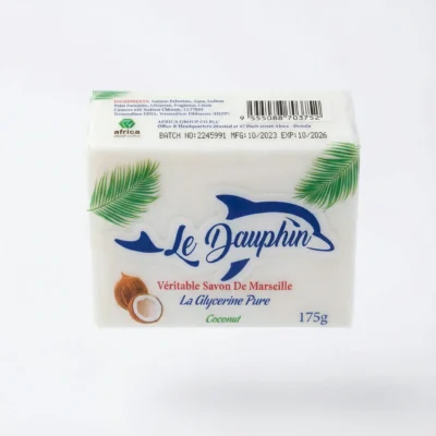 Vue de dessus du SAVON LE DAUPHIN COCONUT 175G, un pain blanc rectangulaire sous film plastique avec son logo dauphin bleu.