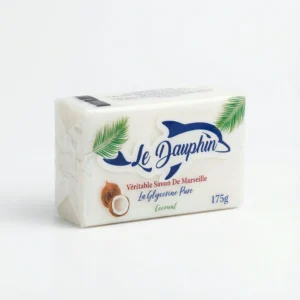 Vue de face du SAVON LE DAUPHIN COCONUT 175G, un pain blanc rectangulaire emballé sous cellophane avec un logo bleu et vert.