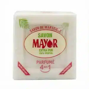 Vue de face du SAVON MAYOR BLANC PARFUME 350 G, un bloc carré blanc emballé sous plastique avec son étiquette rouge et verte.
