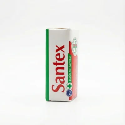 Vue latérale du SAVON SANTEX ROUGE 200 g dans son emballage en carton rectangulaire blanc, rouge et vert.