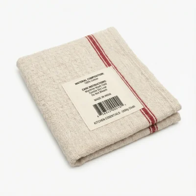 Vue de arrière d'une serpillière pliée en coton écru texturé, avec des rayures rouges et son étiquette d'entretien visible.