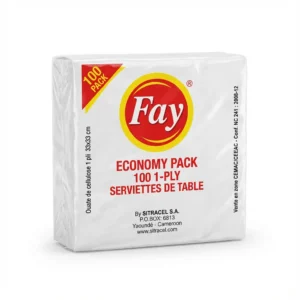 Vue de face du pack de SERVIETTE DE TABLE FAY 100 dans son emballage plastique blanc au logo rond rouge et jaune.