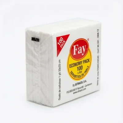 Vue de latérale du paquet rectangulaire de SERVIETTE DE TABLE FAY 100, blanches sous plastique avec un logo rouge et jaune.