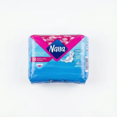 Vue de dessus du paquet de SERVIETTE HYGIENIQUE NANA MAXI NORMAL dans son emballage plastique rectangulaire bleu et magenta.