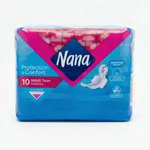 Vue de face du paquet rectangulaire de serviettes hygiéniques Nana Maxi Normal dans son emballage plastique bleu et rose vif.