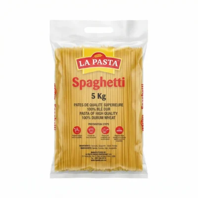 Vue dessus carton spaghetti La Pasta 5kg, ouverture pratique