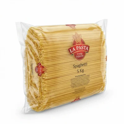Vue latérale carton spaghetti La Pasta 5kg, marquage clair visible