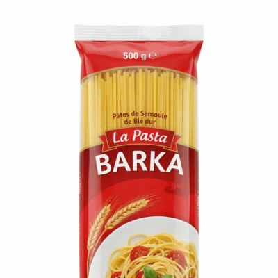 Vue de dessus paquet spaghetti Barka, étiquette colorée et claire