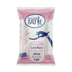 Vue de face du sachet de SUCRE SOSUCAM 1kg BLANC, emballage plastique rose et blanc avec des illustrations bleues et roses.