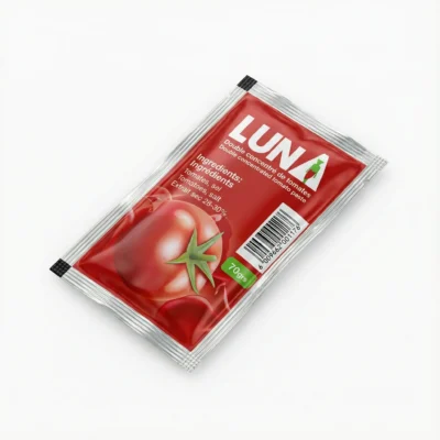Sachet rectangulaire de TOMATE EN SACHET LUNA 70G, vue de dessus, avec un emballage argenté et rouge sur fond blanc.