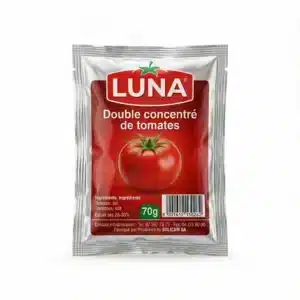 Vue de face du TOMATE EN SACHET LUNA 70G dans son sachet rectangulaire et métallisé aux couleurs rouge et argenté.