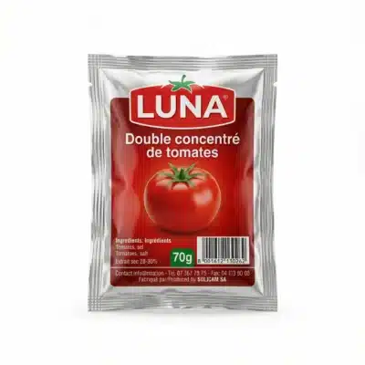 Vue de face du TOMATE EN SACHET LUNA 70G dans son sachet rectangulaire et métallisé aux couleurs rouge et argenté.