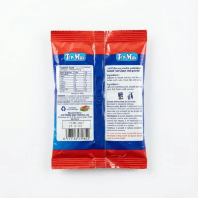 Vue de arrière du sachet rouge et bleu de TOP MILK NATURE 18 g, montrant les informations nutritionnelles et les ingrédients.