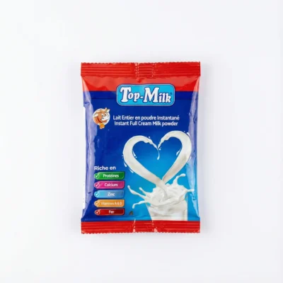 Sachet rectangulaire TOP MILK NATURE 18 g, bleu et rouge, vu de dessus, avec un visuel de lait formant un cœur.