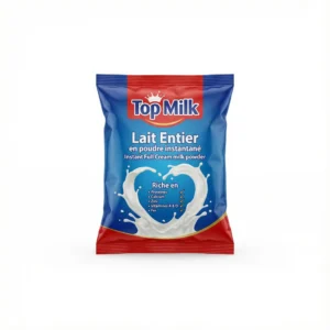 Vue de face du sachet bleu et rouge de lait en poudre TOP MILK NATURE 18 g, avec un splash de lait en forme de cœur.