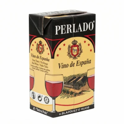 Vue latérale de la bouteille de vin rouge Perlado 1 l, silhouette élancée typique d'un vin de table.