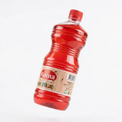 Vue latérale bouteille vinaigre Roma 1L étiquette colorée visible